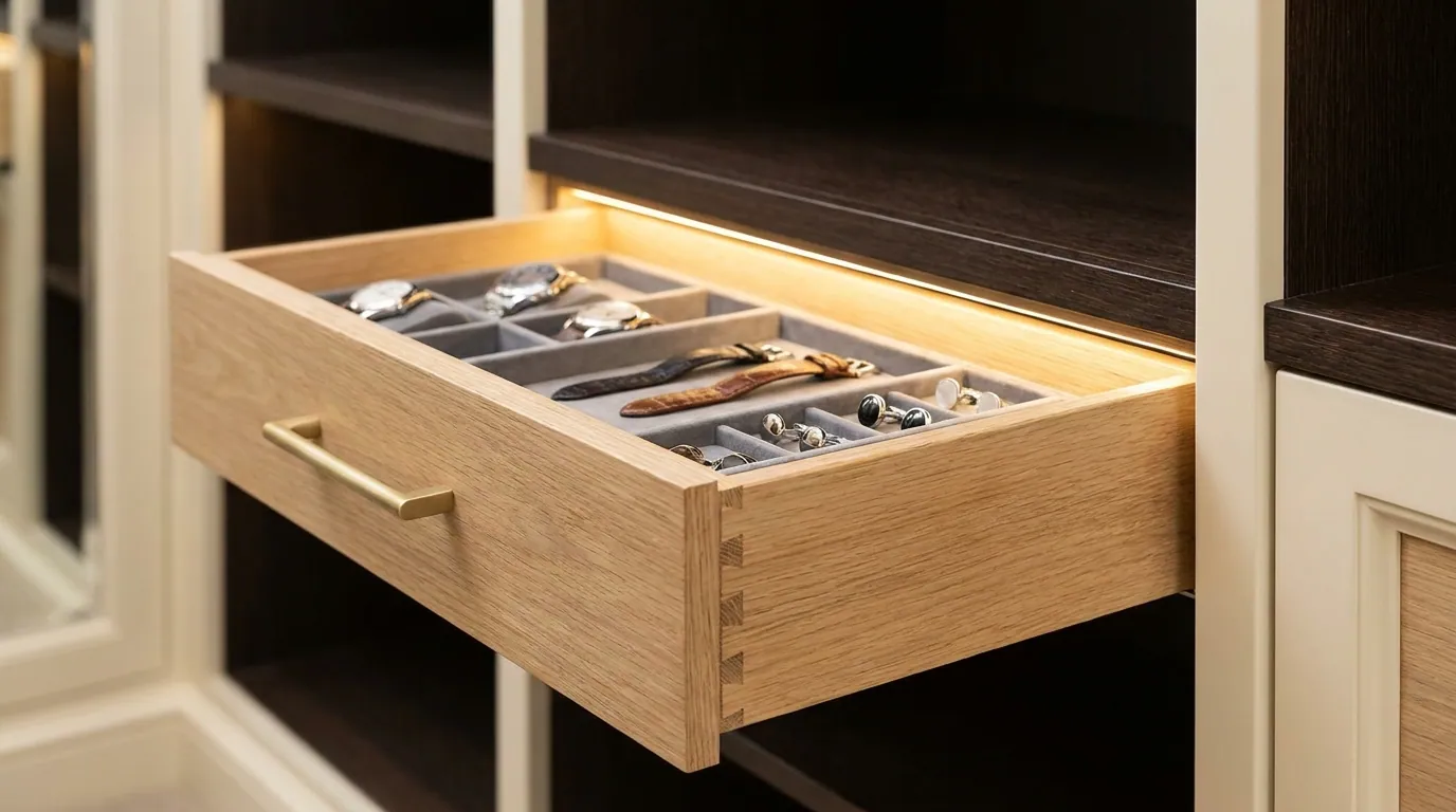 Close-up of soft-close drawer with brushed brass hardware, Closets Plus Chilliwack craftsmanship