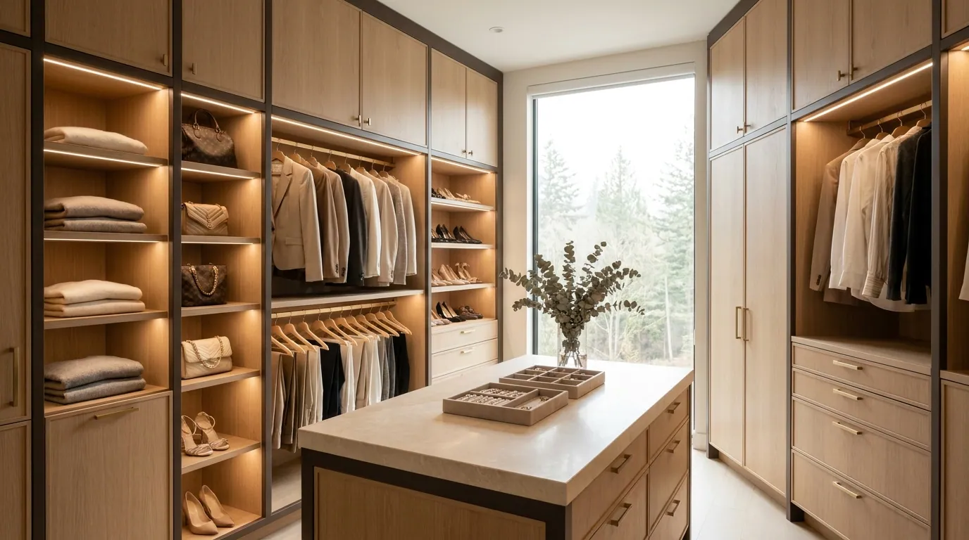 Custom luxury walk-in closet with warm wood cabinetry and soft-close drawers, Chilliwack BC